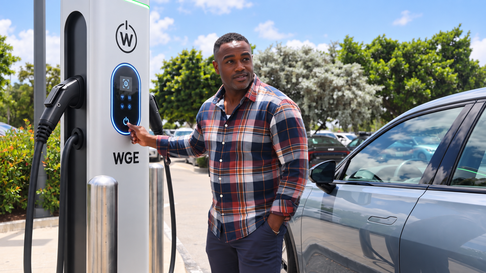 Driver interacting with a WGE charger beside a parked electric vehicle