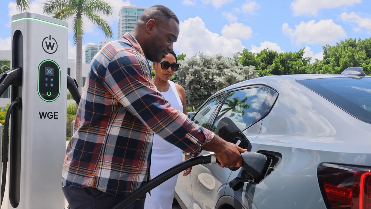 Driver plugging a WGE charging connector into an electric vehicle