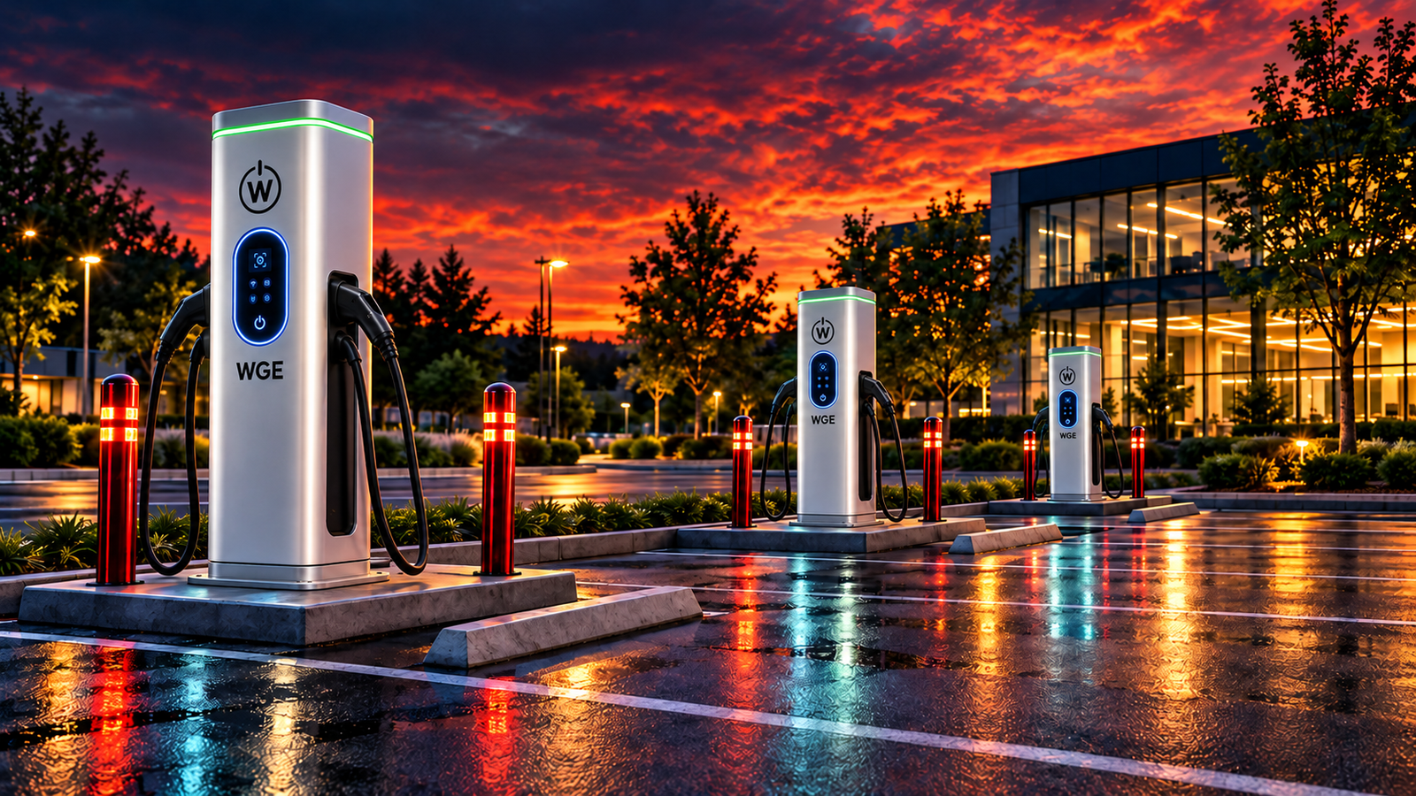 Silver WGE fast chargers with green top lights and blue control panels outside a glass commercial building at sunset.