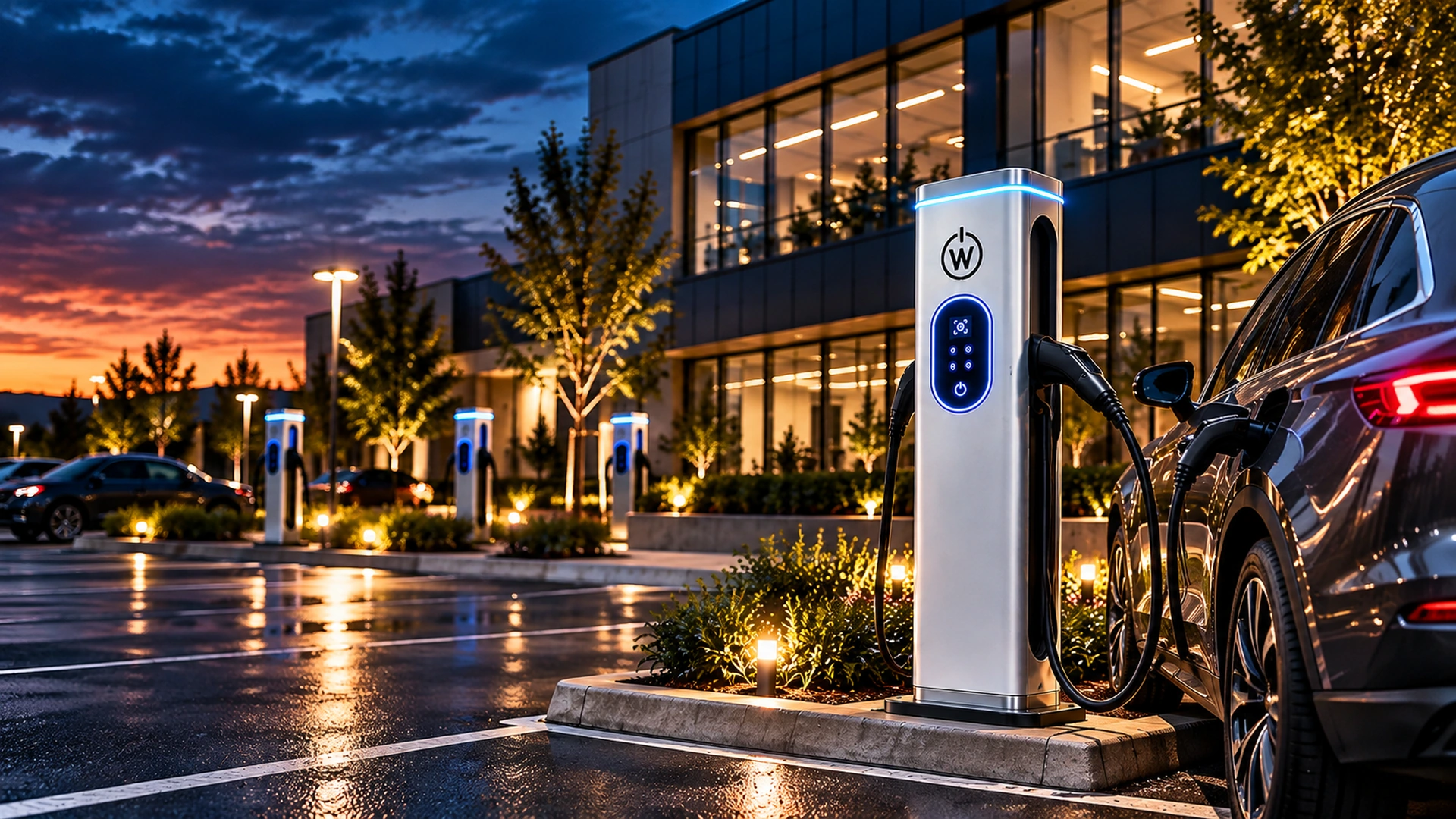 Commercial EV charging station and vehicle outside a modern property at dusk.