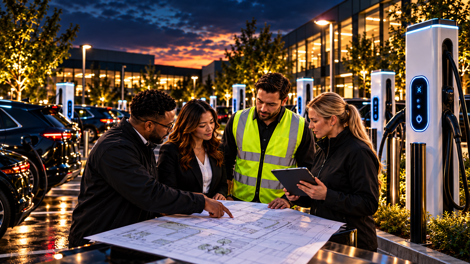 Commercial EV charging site with a professional planning team evaluating charging infrastructure and electrical capacity.