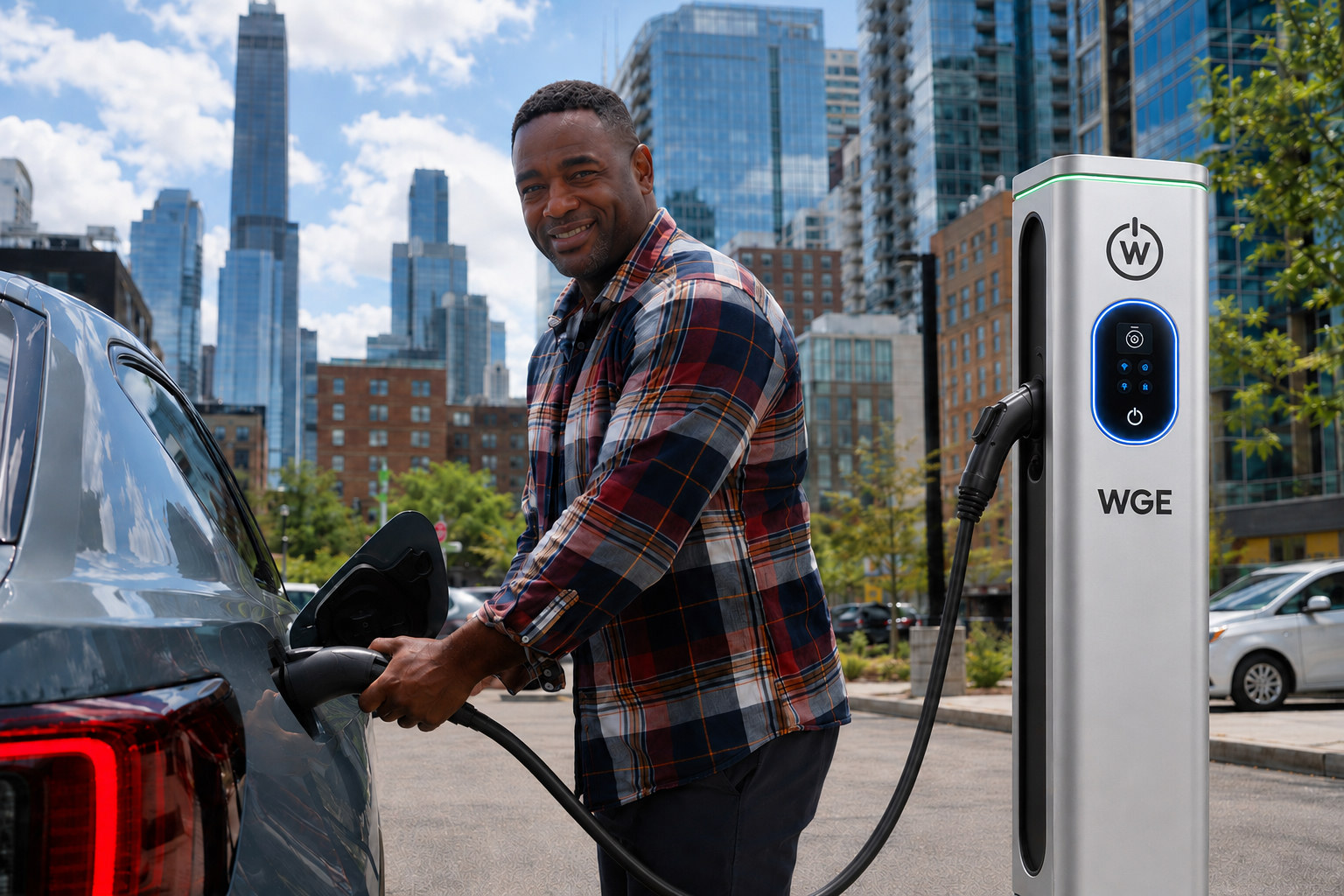 Driver charging an electric vehicle at a WGE station