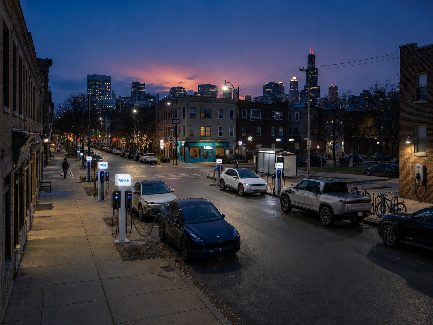 Electric vehicles charging along a Chicago street at dusk