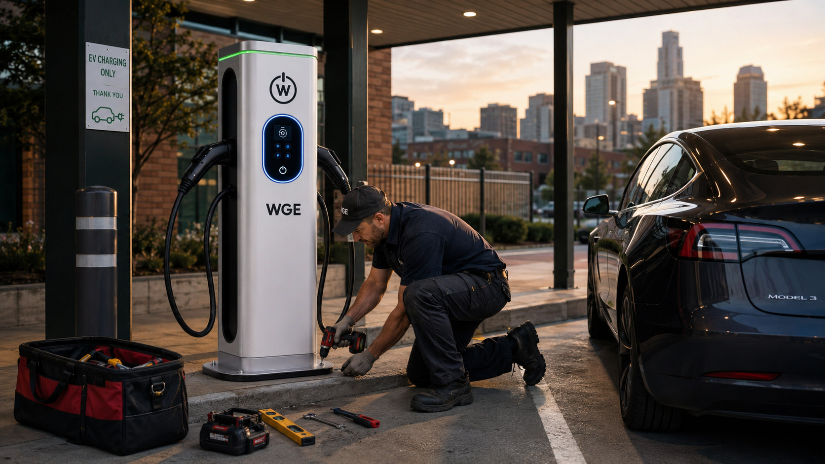 EV charging at an outdoor station under canopy lights at night