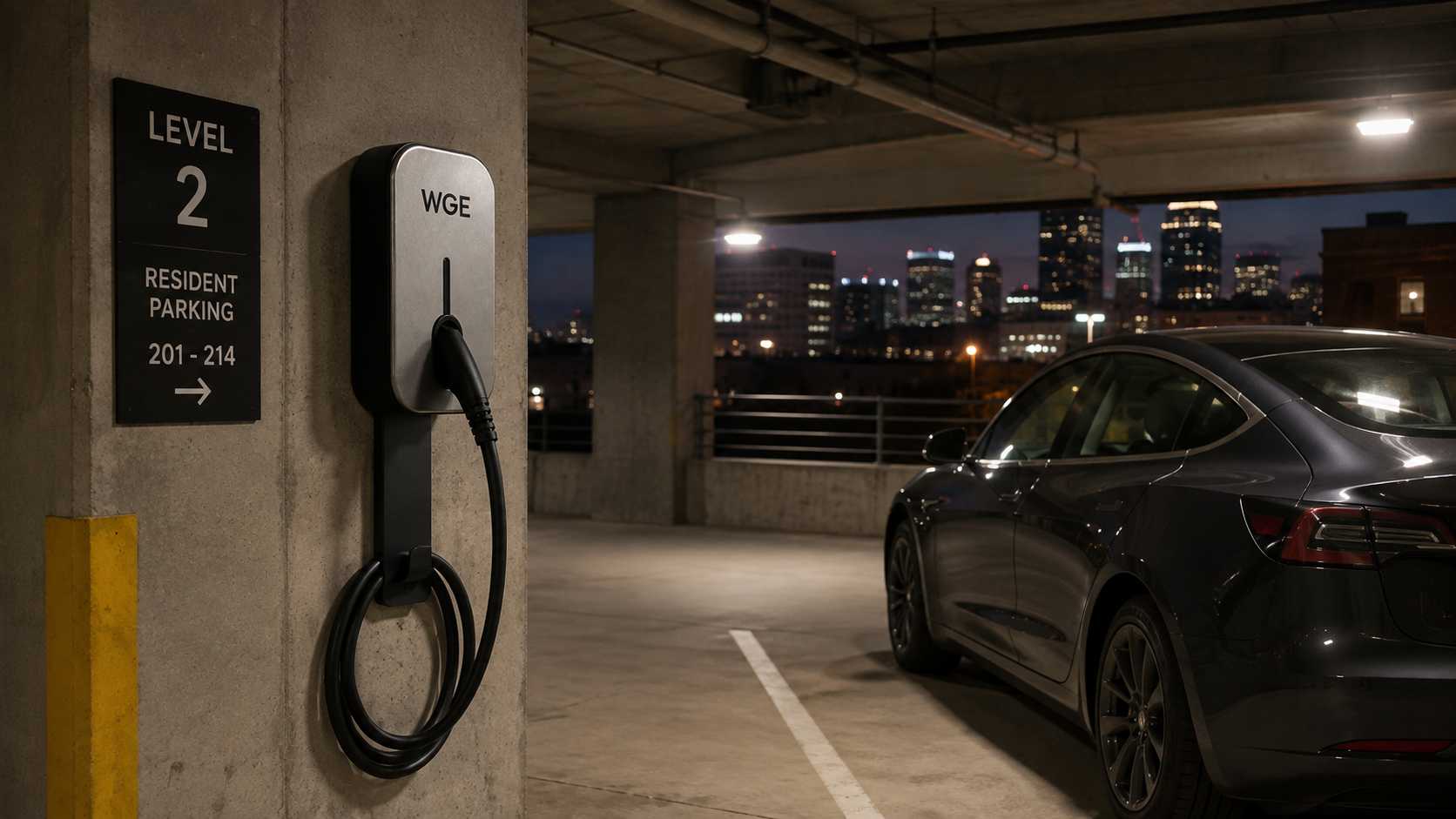 WGE EV charger beside resident parking in a multifamily garage