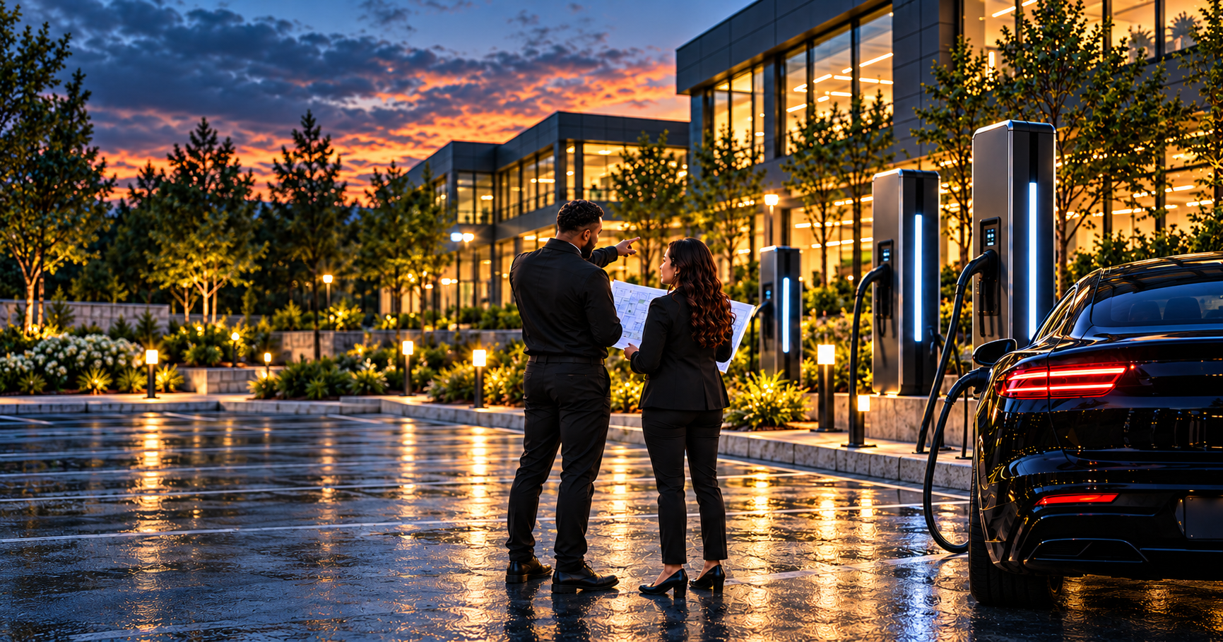 Illustration of two professionals reviewing site plans beside EV chargers at a commercial property at dusk.