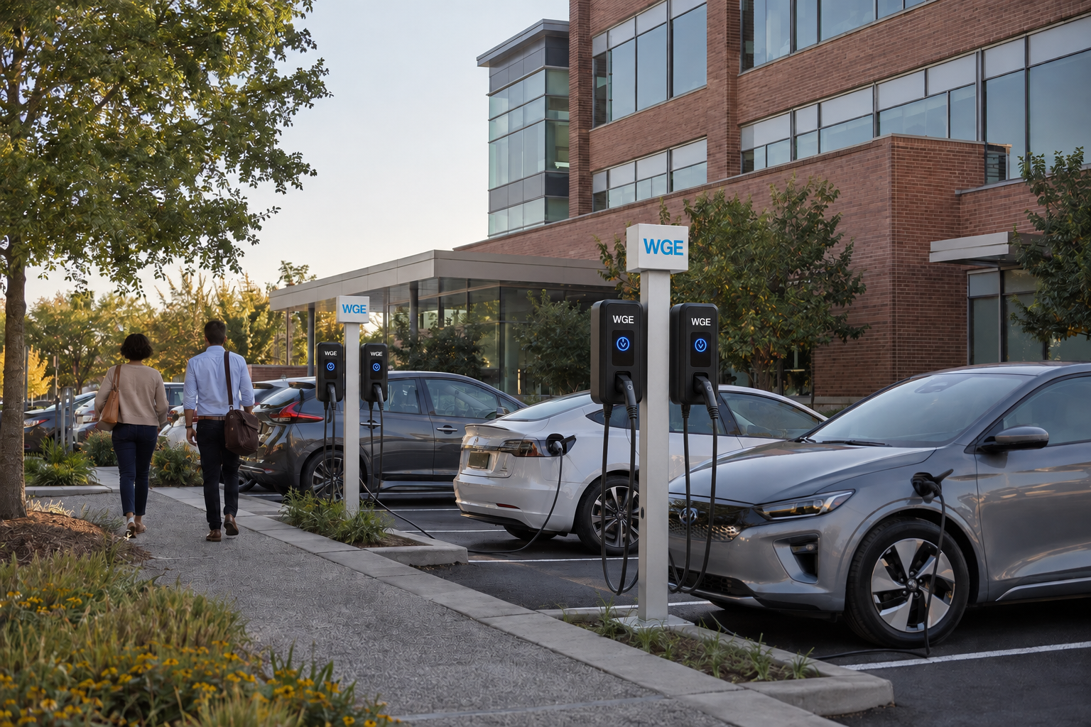 Illustration of WGE dual-port charging stations beside a landscaped workplace parking area