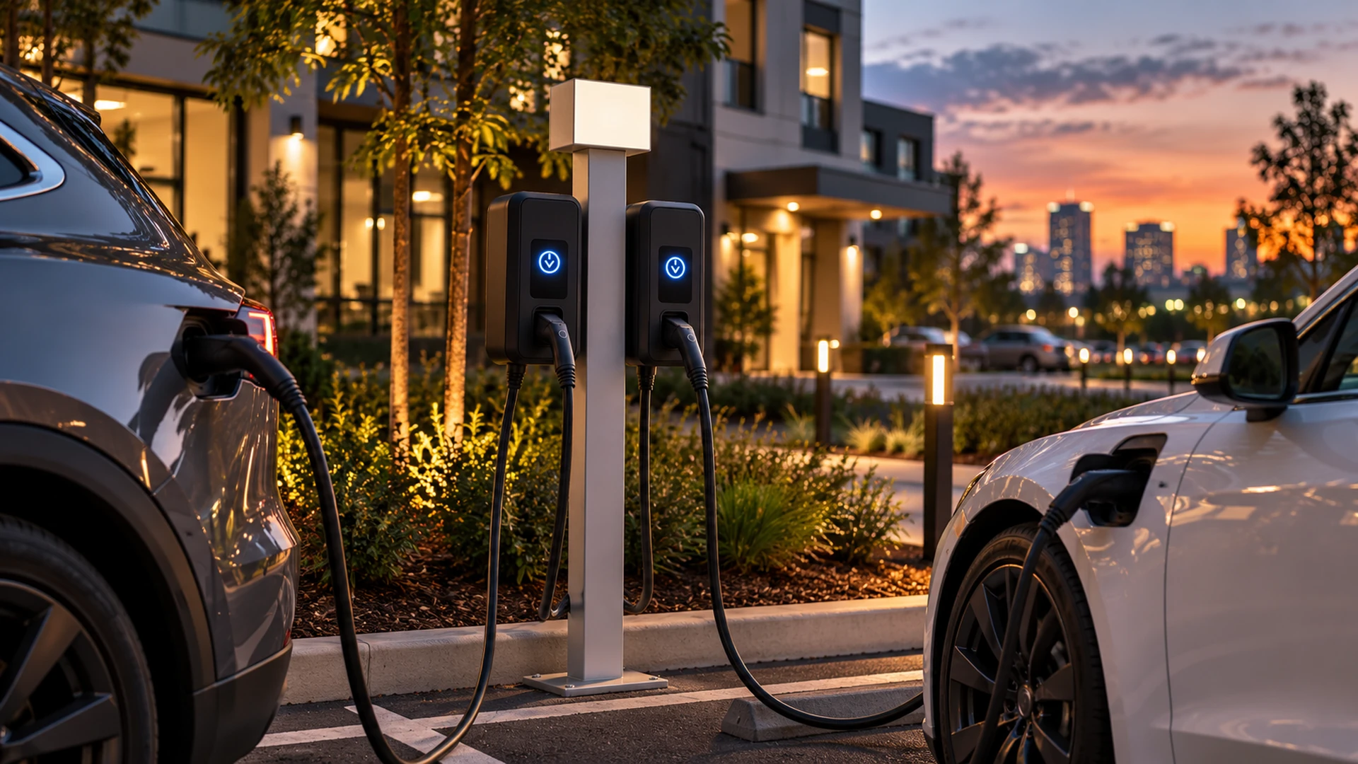 Two electric vehicles connected to a dual charging station outside a commercial property at dusk.