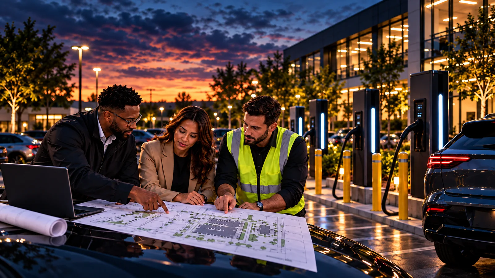 Three site-planning professionals review blueprints beside EV chargers at a modern commercial property at dusk.