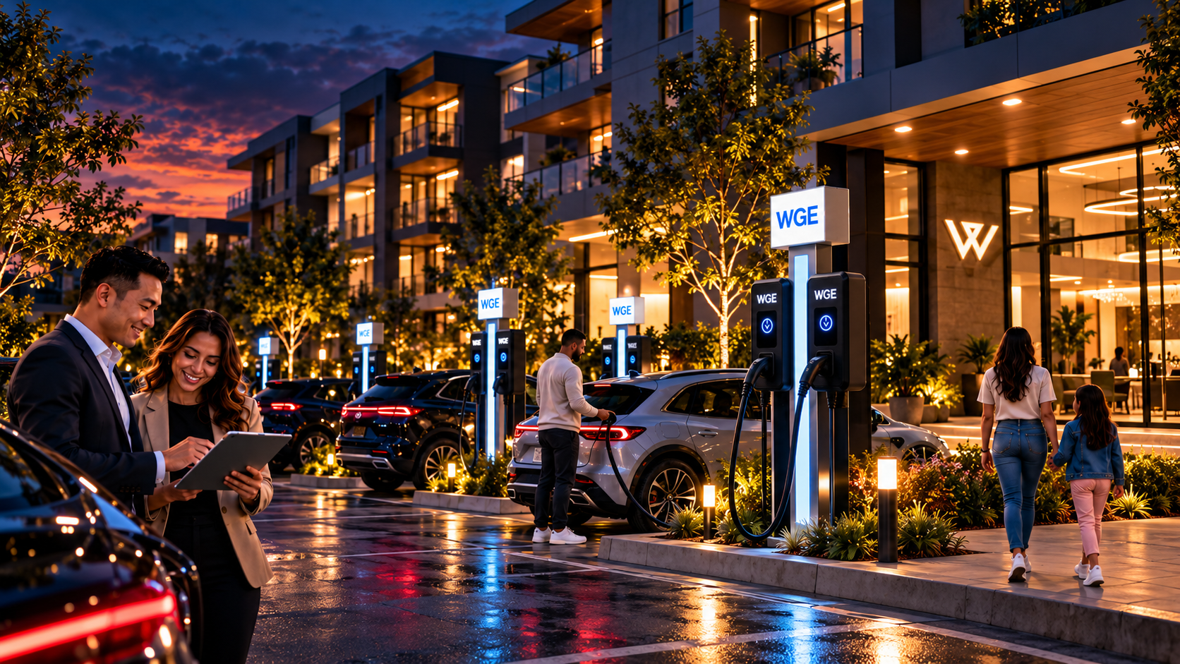 EV charging stations and residents at a modern apartment or condominium property