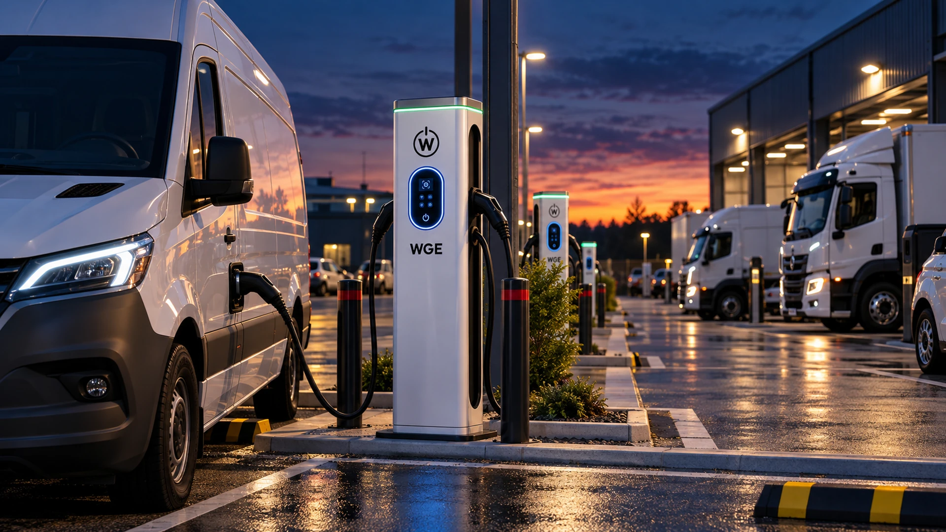 WGE chargers and commercial fleet vehicles connected at a depot at dusk.